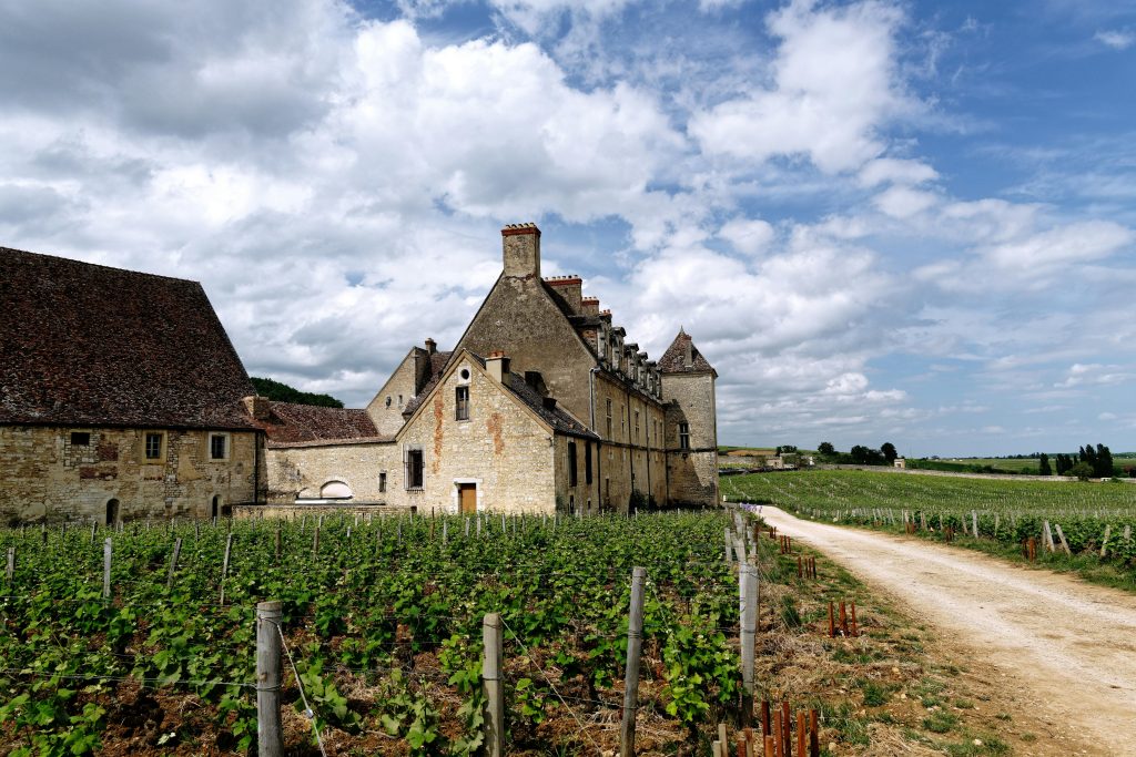 Château de Vougeot amid lush Burgundy vineyards under a bright sky.
