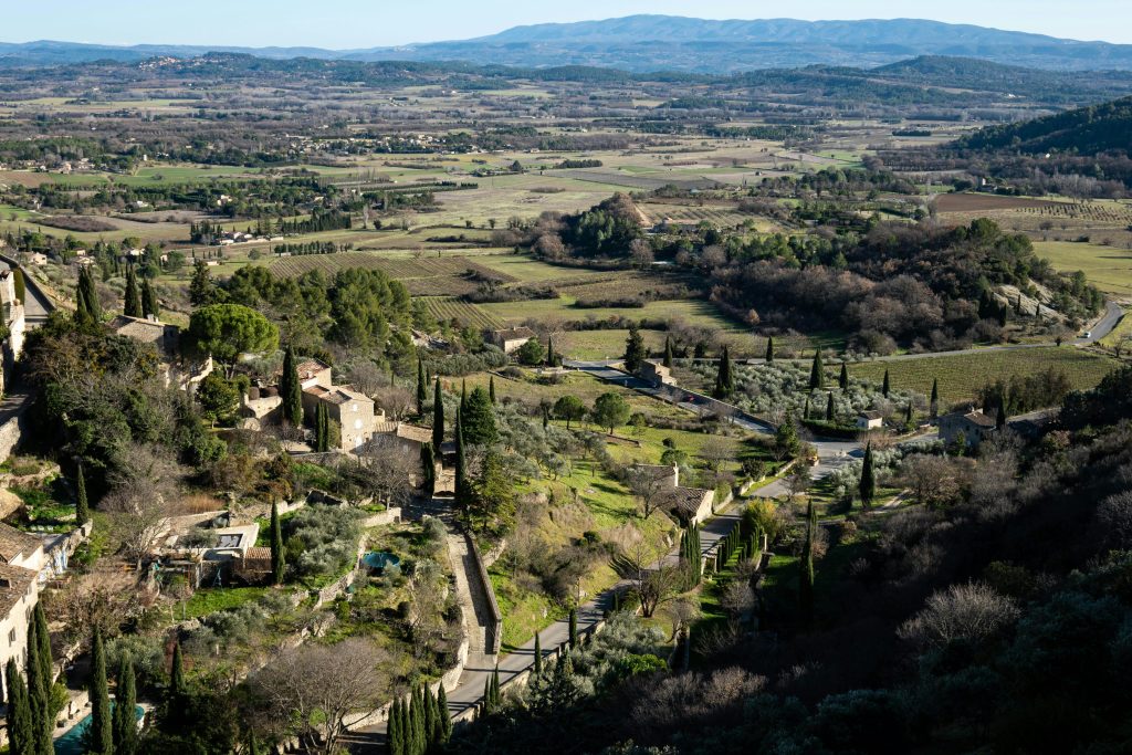 Breathtaking aerial landscape of Gordes, showcasing the countryside in Provence, France.