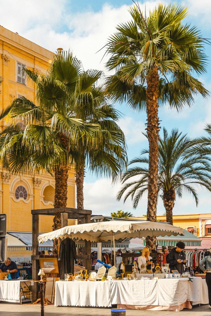 Sunny outdoor market in Nice with palm trees and diverse stalls. Explore the vibrant atmosphere.