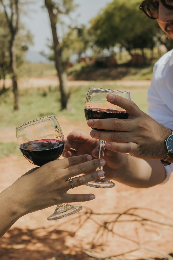 Two glasses of red wine touching at an outdoor table in France