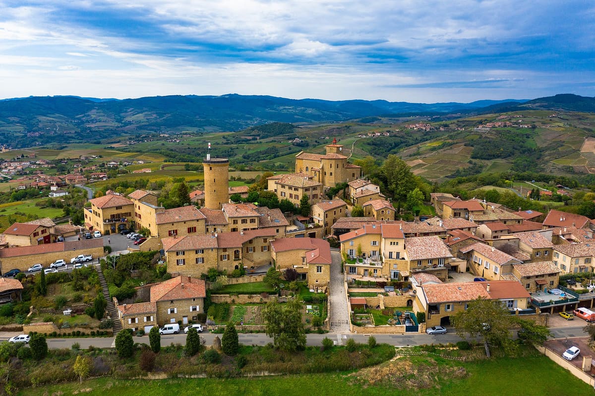 The golden stone village of Oingt in the Beaujolais hills near Lyon